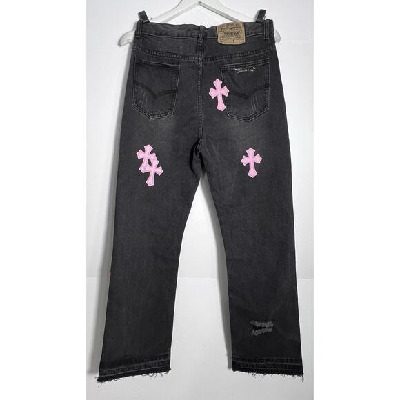 Vintage Levis 550 Black Jeans Pink Cross Patch Denim 30x28 - Picture 3 of 15